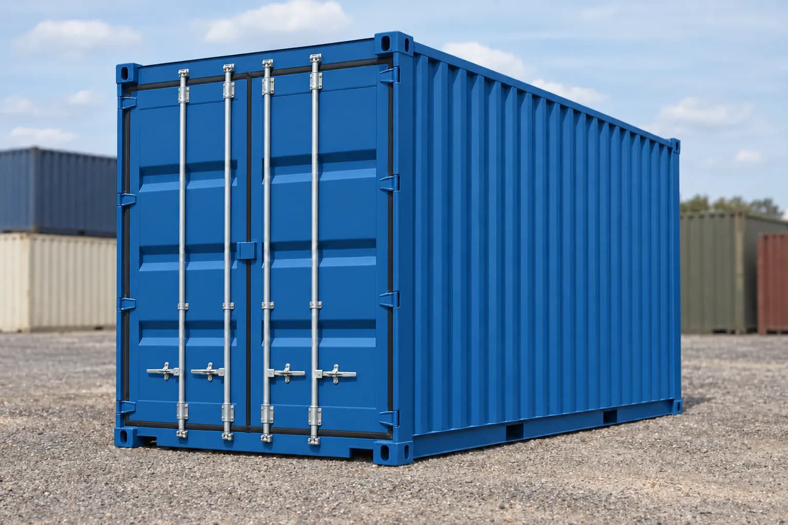 Deniz konteyneri 20’lik High Cube, tek sefer kullanılmış gentian mavisi RAL 5010