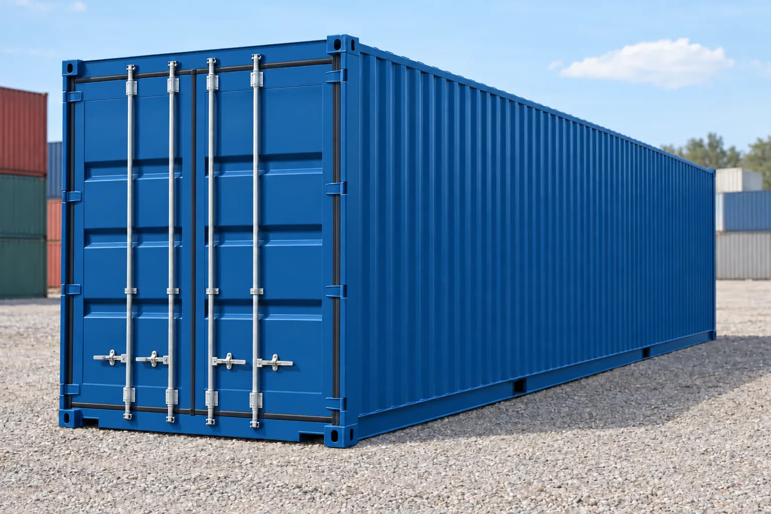 Deniz konteyneri 40’lık High Cube, tek sefer kullanılmış gentian mavisi RAL 5010