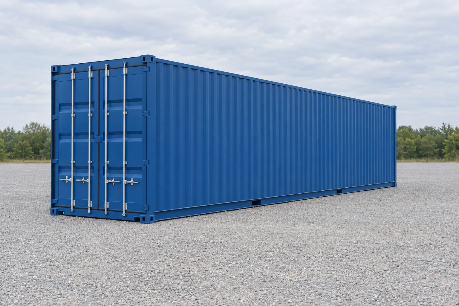 Standarttan daha yüksek, mavi 40 fit High Cube bir deniz konteynerinin üç çeyrek açıdan, kapıları kapalı görseli. Belirtilen ölçüler: yükseklik 2,90 m, uzunluk 12,19 m